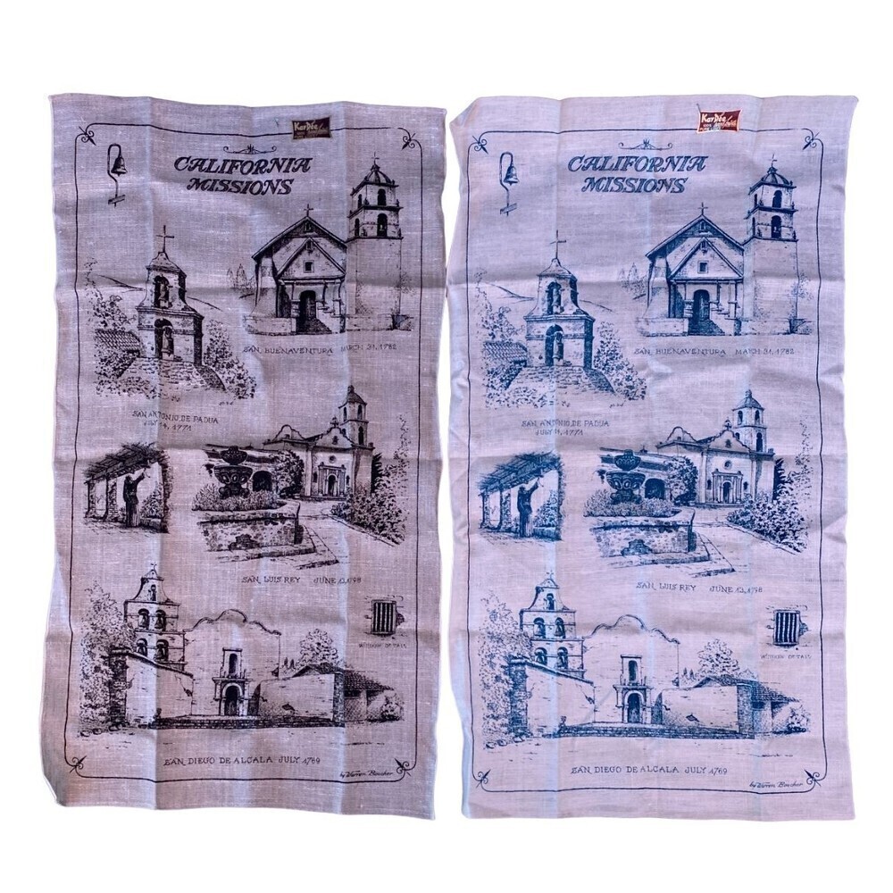 2 Vtg Kay Dee HandPrints California Missions 100% Pure Linen Kitchen Tea Towels